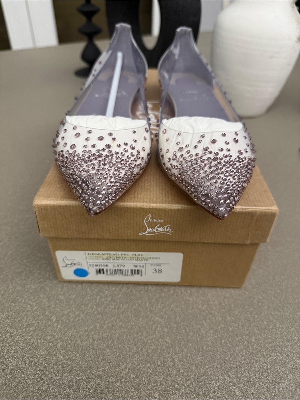 New Christian Louboutin Degrastrass PVC Flats with Crystal Embellishment